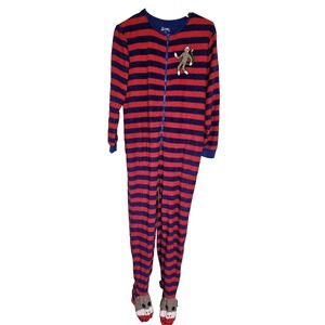 Nick & Nora Red Blue Stripe Sock Monkey Footed Pajamas Sleepwear Sz S Women's‎